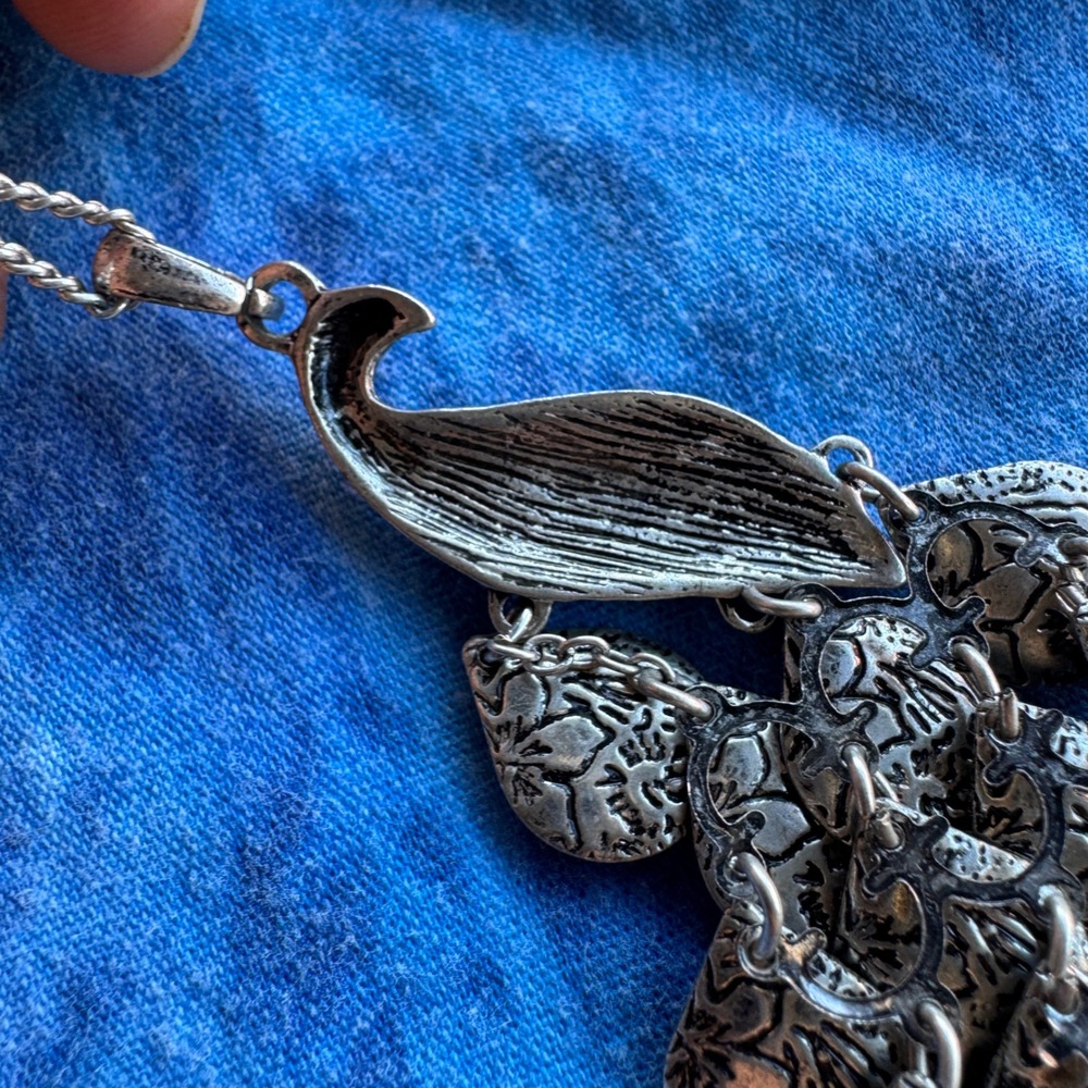 Vintage Peacock Statement Necklace Silver Green Blue Bird Articulated Dangle - Picture 7 of 12